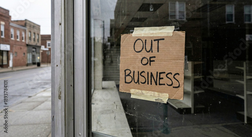 Schilderij op canvas Cardboard Out Of Business Sign Taped on Storefront Glass Window