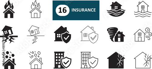 Insurance icon set with bold and outline protection symbols.