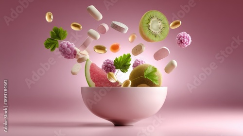 Vibrant Composition of Fresh Fruit and Nutritional Supplements in a Bowl on a Pink Background