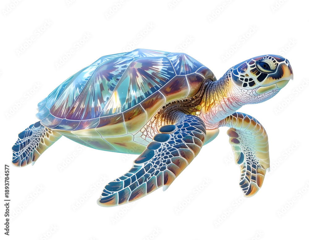 Fototapeta premium Crystal sea turtle with Glass-Like Body and Iridescent Details Isolated on White Background