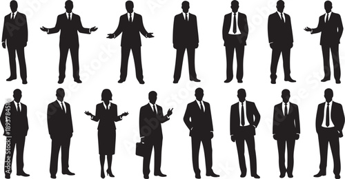 Silhouettes of business people in various poses and attire