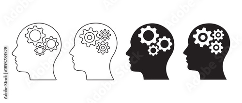 Human Head Silhouettes with Intricate Gears Symbolizing Thought Processes, Problem-Solving, and Innovative Thinking Icons.