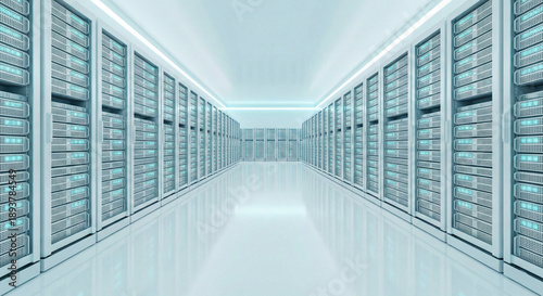 Foto Modern White Server Room Data Center Interior with Blue LED Lights