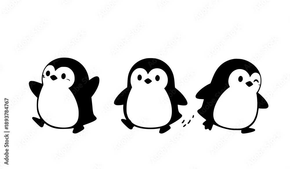 Fototapeta premium Playful cartoon penguin characters flat vector illustration set isolated on white