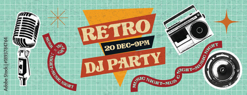 Retro vintage halftone DJ music Party Event Banner with Vintage retro pop art Audio Gear, Microphone, Boombox, Speaker, old radio y2k banner social media cover header with paper cutouts sticker grid 