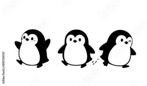 Playful cartoon penguin characters flat vector illustration set isolated on white