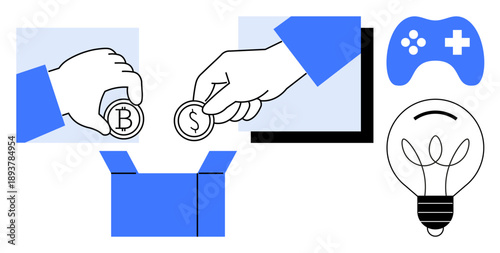 Cryptocurrency investment, gaming industry, innovation, business ideas, technological concepts, creative economy. A box, hands with coins gaming controller lightbulb. Cryptocurrency and gaming