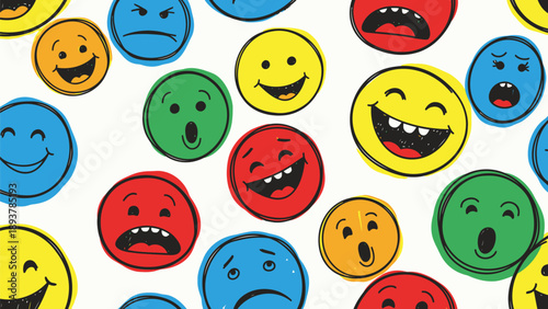Colorful emoticon faces with various expressions on white background conveying emotions and mood