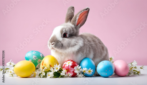 Easter colored eggs and rabbit on pink