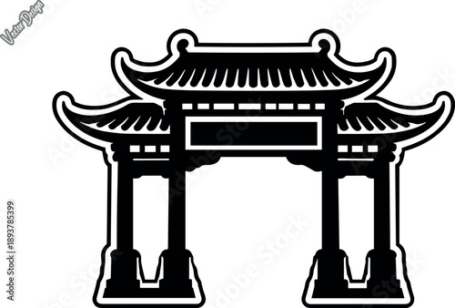 Traditional Chinese Gate Silhouette, Asian Temple Gate Vector, Minimal Chinese Gate Design, Black Chinese Temple Entrance Art