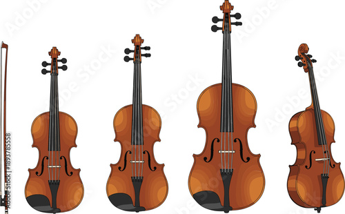 Classical violin instrument illustration set with different violin sizes and bow, orchestral music string collection vector