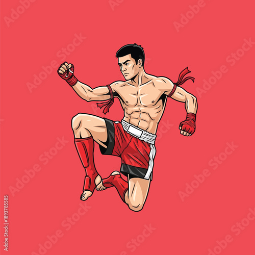 Illustration of a muscular man practicing Muay Thai martial arts.