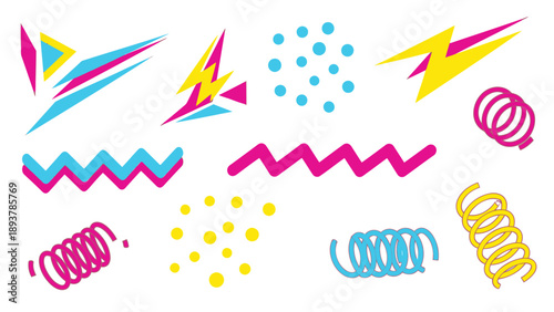 Vibrant 90s retro graphic design elements with lightning bolts and squiggles on white background