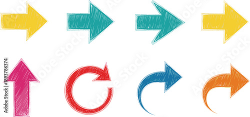 Colorful hand drawn arrow icon set with sketch style direction pointers and curved refresh arrows illustration