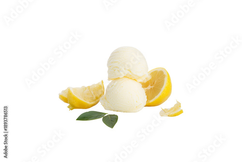 Two scoops of refreshing lemon sorbet served with fresh lemon slices and mint isolated on transparent or white background, png