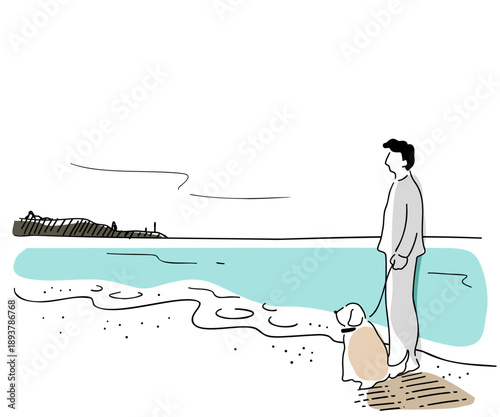 犬と海岸を散歩する男性の線画イラスト　色付き