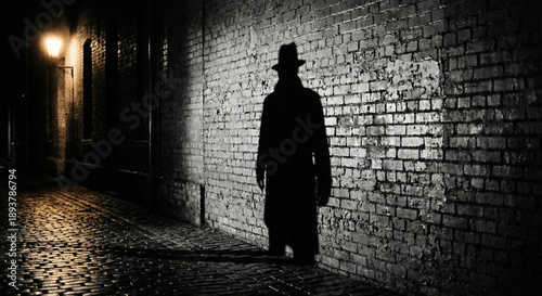 Фотография Mysterious Silhouette Man in Trench Coat in Dark Alley Night