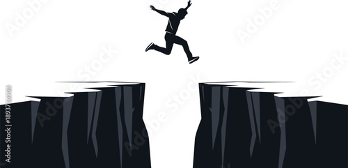 Businessman silhouette jumping across cliff gap symbolizing risk taking, courage, success, leadership, and overcoming challenges isolated on white background