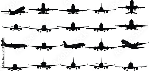 Collection of commercial airplane silhouettes shown from front, side, and landing perspectives isolated on white background for aviation, travel, and transport design use