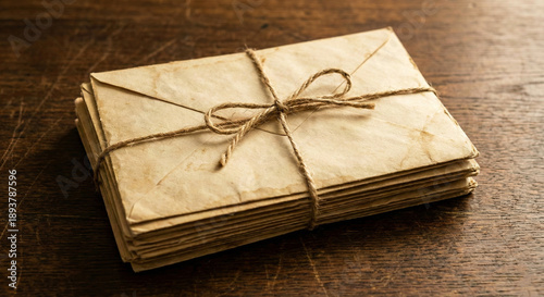 Canvas Print Stack of Old Vintage Letters Tied with String on Wood Table