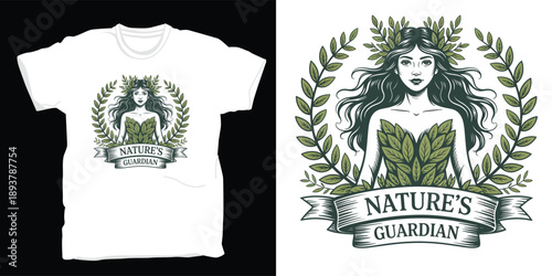 Natures guardian goddess portrait t-shirt design with leaf laurel and ribbon
