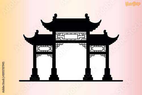 Traditional Chinese Gate Silhouette, Asian Temple Gate Vector, Minimal Chinese Gate Design, Black Chinese Temple Entrance Art
