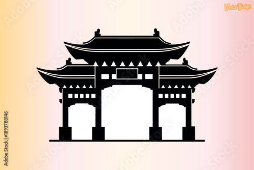 Traditional Chinese Gate Silhouette, Asian Temple Gate Vector, Minimal Chinese Gate Design, Black Chinese Temple Entrance Art