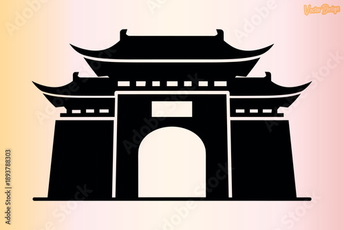 Traditional Chinese Gate Silhouette, Asian Temple Gate Vector, Minimal Chinese Gate Design, Black Chinese Temple Entrance Art