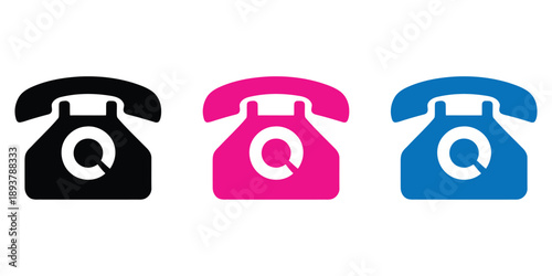 Three vintage rotary telephone icons black pink blue set