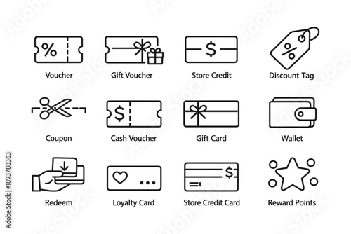 Set of vector icons for vouchers, coupons, store credit, and loyalty cards
