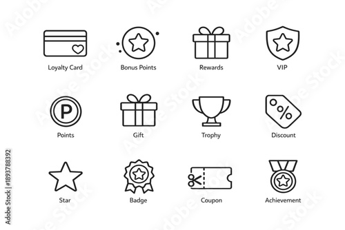 Loyalty program icons: card, points, rewards, badge, coupon, trophy