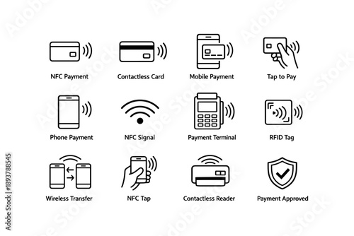 Nfc and contactless payment icons: mobile, card, rfid, wireless transfer, security