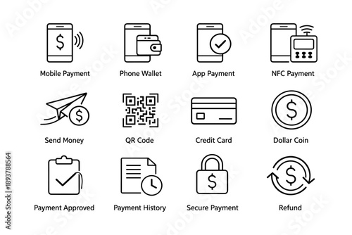 Digital payment icons: mobile, qr code, credit card, secure transaction symbols