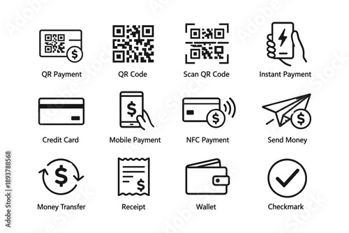 Digital payment methods: qr code, mobile, credit card, nfc, money transfer icons