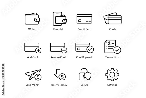 Finance icons set: wallet, e-wallet, credit cards, transactions, secure payments