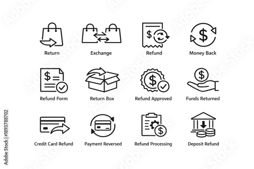 Return, exchange, refund, and money back icons for e-commerce transactions