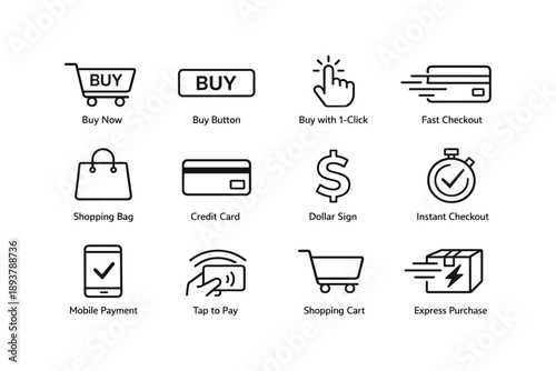E-commerce icons: buy buttons, mobile payments, shopping carts, fast checkout, express purchase