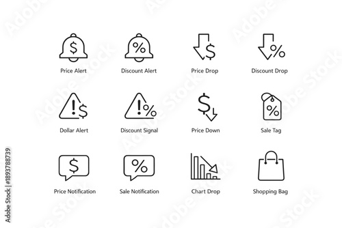 E-commerce icons: price alerts, discounts, sales, notifications, shopping tools