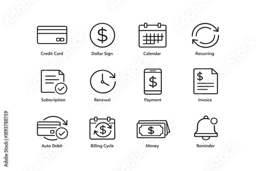 Finance and payment icons: credit, dollar, calendar, subscription, renewal, invoice