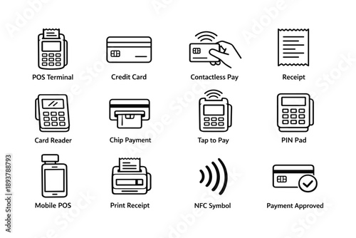 Pos icons: payment method symbols for contactless chip payments and nfc technology