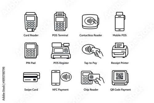 Payment icons: pos, contactless, mobile, qr code, nfc, card reader, tap to pay, terminal