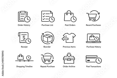 E-commerce shopping and order history icons featuring purchases and transactions