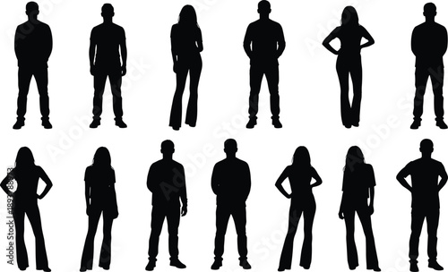 Large set of diverse people silhouettes standing in various poses, professional man and woman full body outlines, group collection of casual adult figures,