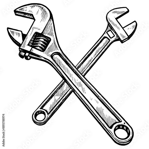 Adjustable and standard wrenches crossed in sketch style  