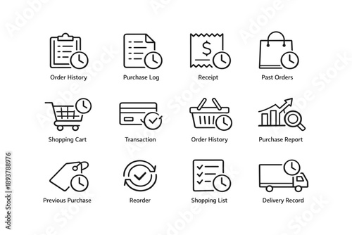Icons illustrating order tracking and purchase records with shopping elements