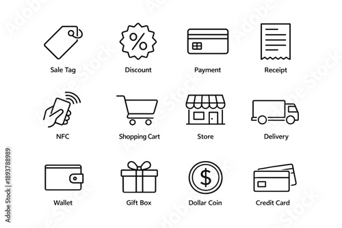 Shopping and payment icons: sale tag, receipt, nfc, shopping cart, gift box