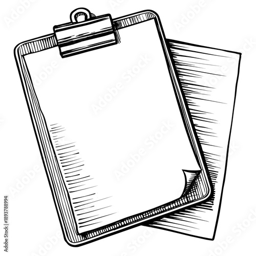 Blank clipboard with sheet of paper in hand-drawn style  