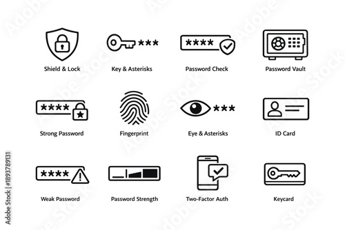 Security icons for authentication: shield, key, password, vault, fingerprint, eye, id, keycard