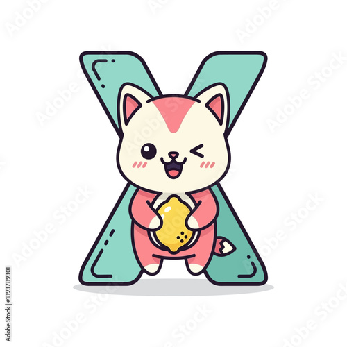 Cute cartoon cat holding a yellow object on white