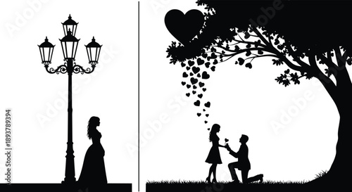Romantic couple silhouette for marriage proposal under tree with hearts, vintage lamppost with woman waiting, love and wedding anniversary vector illustration for greeting cards